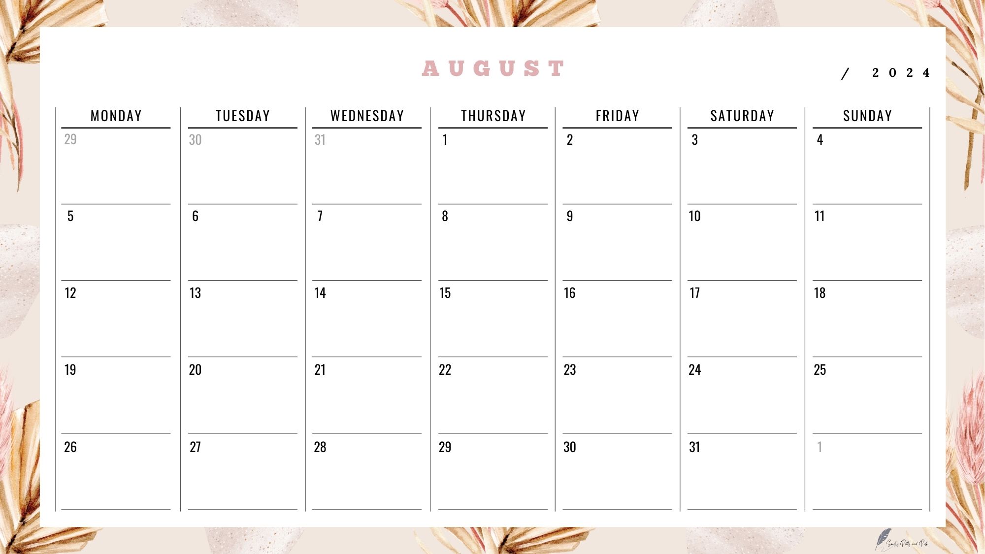 Free Boho August Calendar 2024 Printable